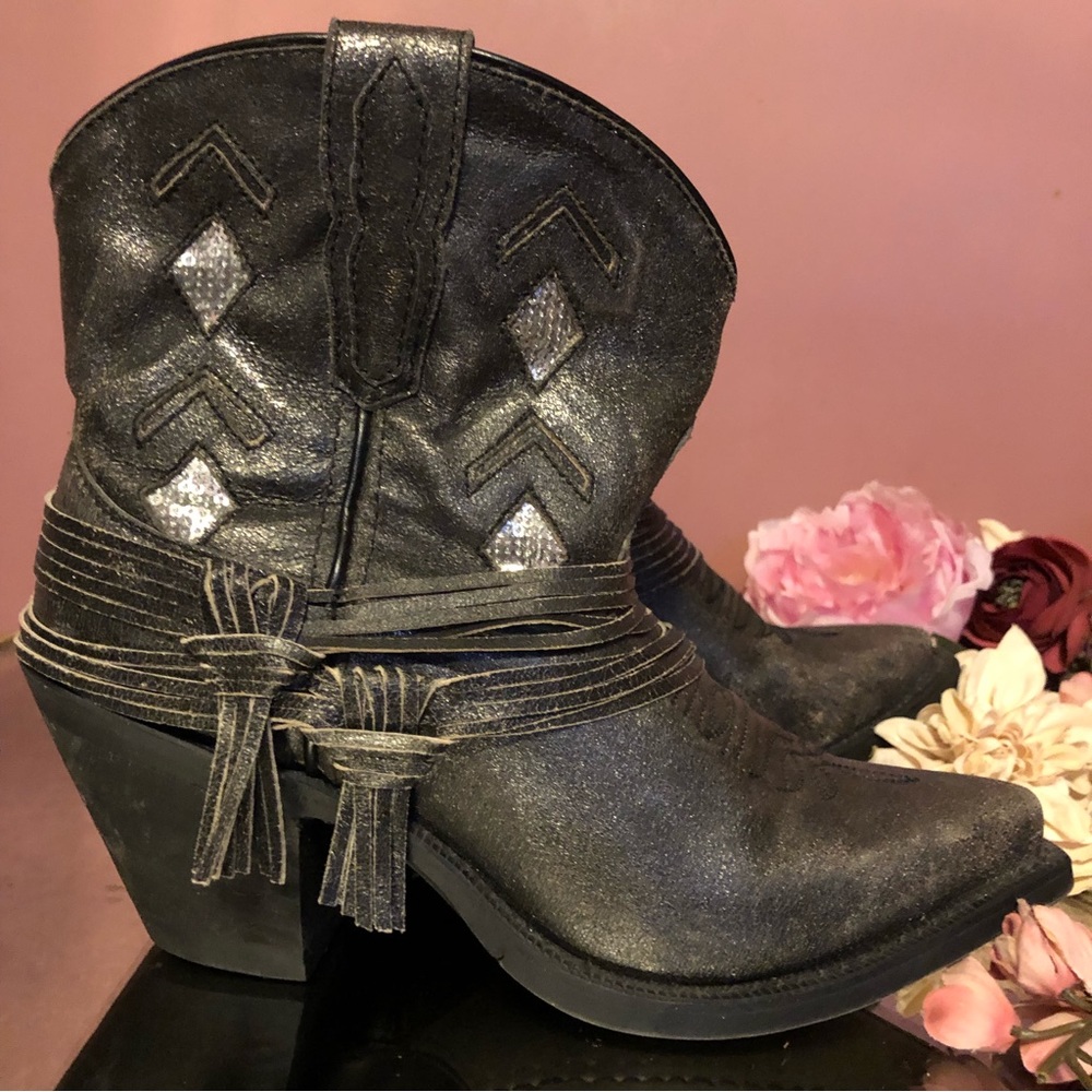 Laredo Sequin black silver distressed leather Jett fringe cowboy boots